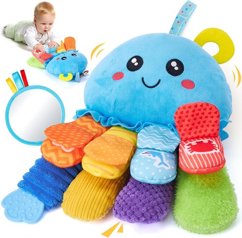 Hahaland Baby Sensory Toys - 15-in-1 Soft Tummy Time Toy with Crinkle Rattle & Mirror | Ideal for Infants 0-6 Months