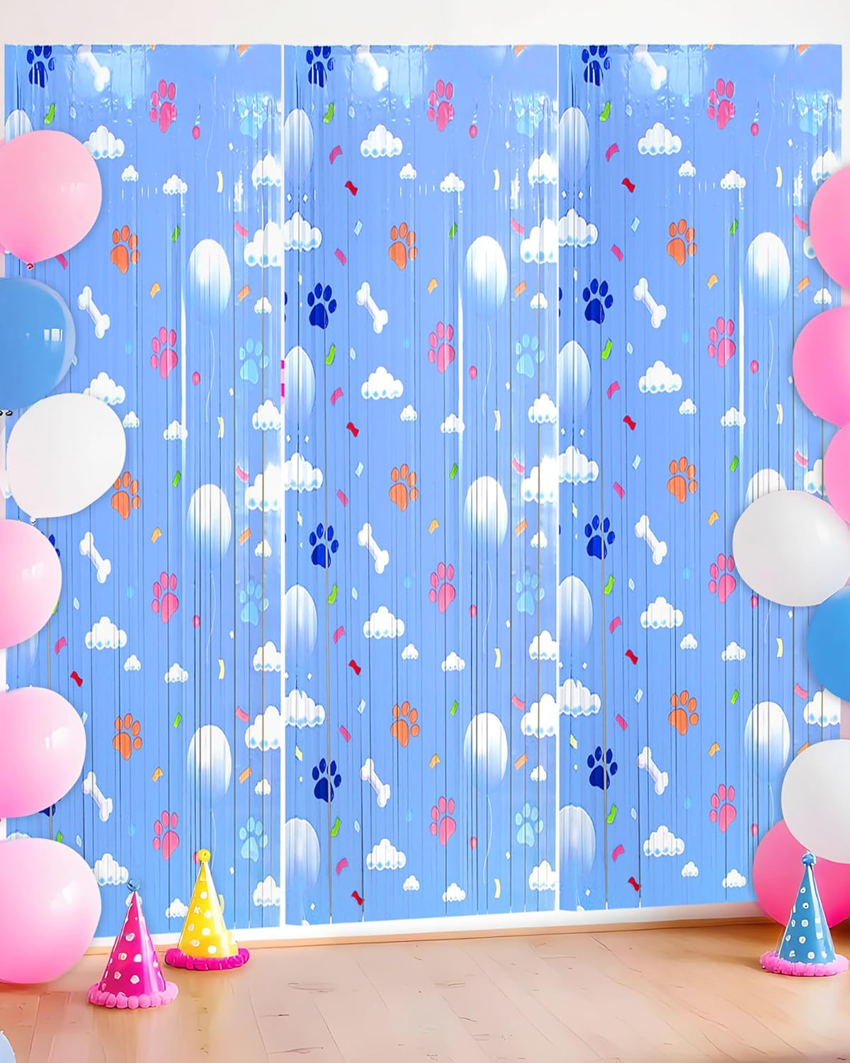 Paw Birthday Decorations - Blue Dog Theme Party Supplies | 3 Pack Tinsel Foil Fringe Curtains & Photo Booth Props