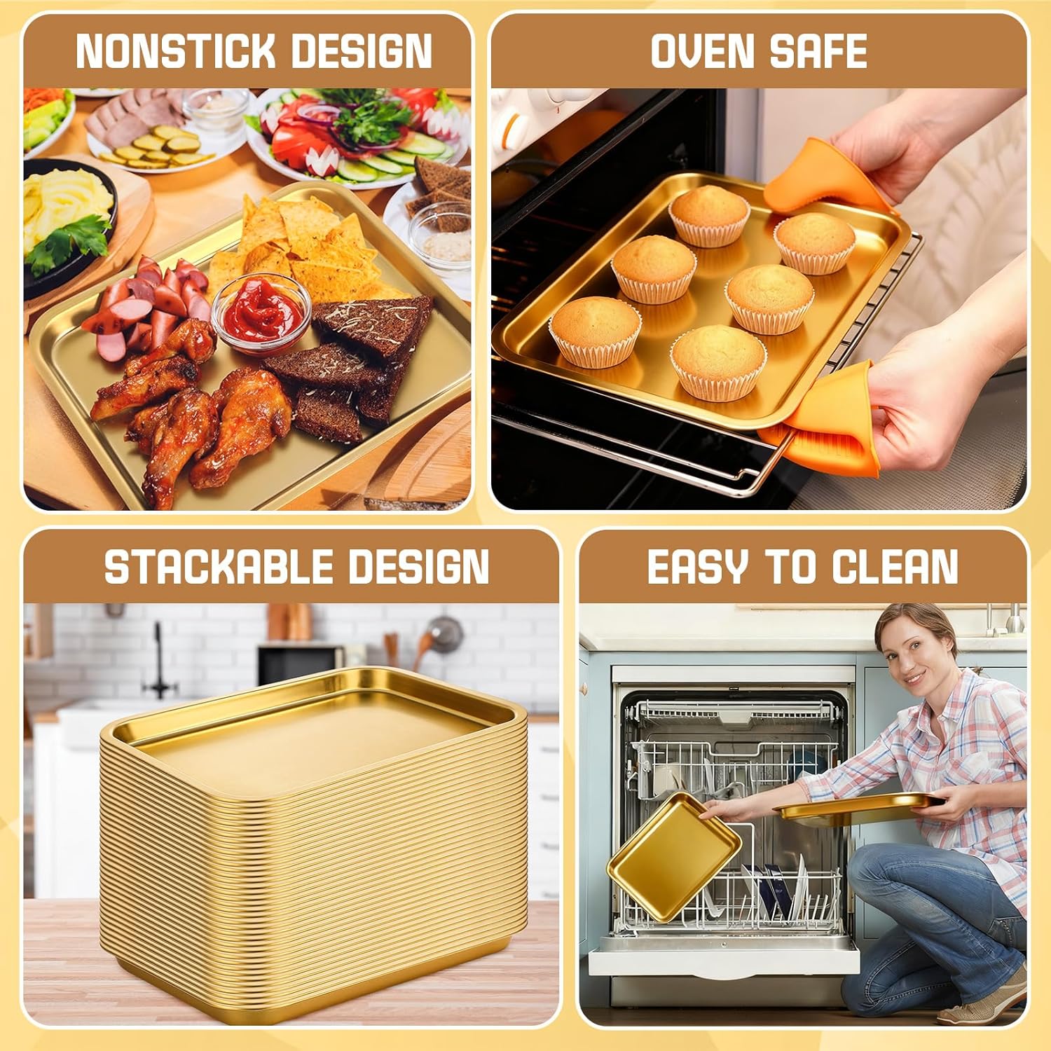 Skiennix Gold Baking Sheets - 6 Pcs Stainless Steel Cookie Trays | Rust-Free, Easy Clean, Dishwasher Safe