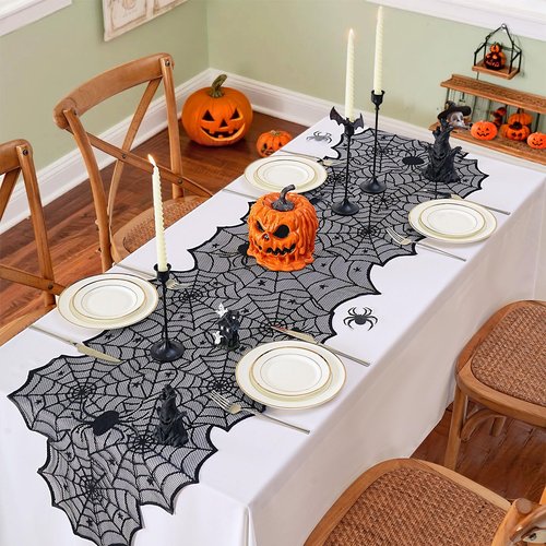 Halloween Table Runner Spider Web: 4 Pieces 18x72 Inches Black Lace Runners for Halloween Party Black Spooky Dinner Table Decorations