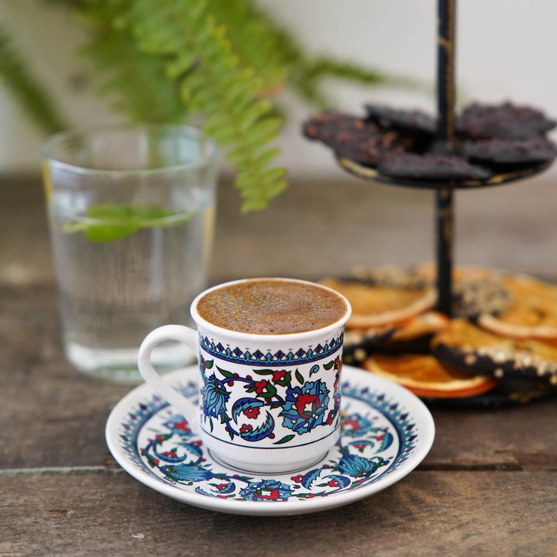 SANTA MARLA Turkish Coffee Cup Set of 6 with Saucers & Holder – Ceramic, Dishwasher-Safe, Keeps Warm – Patterned Turkish Espresso Cups Set for Home & Office (Set Of 6)