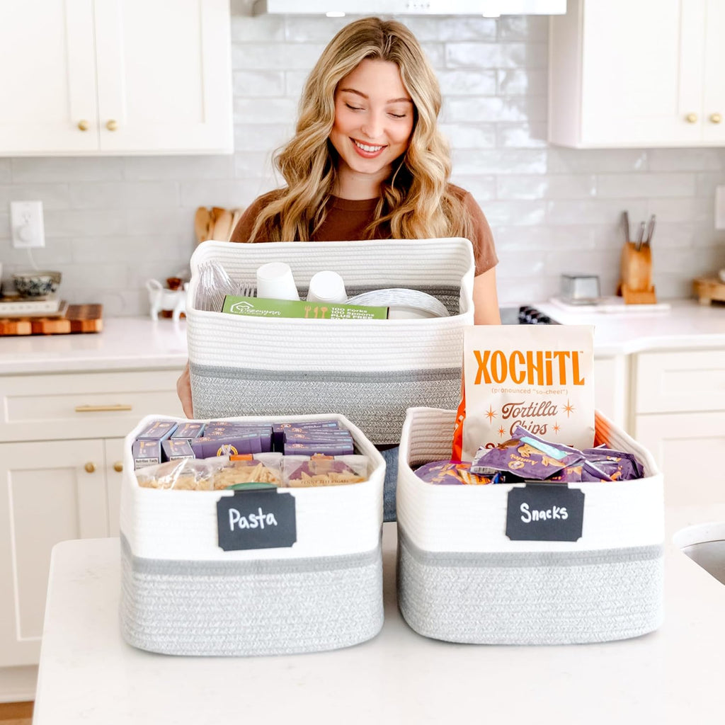 NaturalCozy Storage Baskets - 3-Pack Cotton Rope Organizing Bins | 16.8”x13”x7.6” for Toys, Laundry, and More