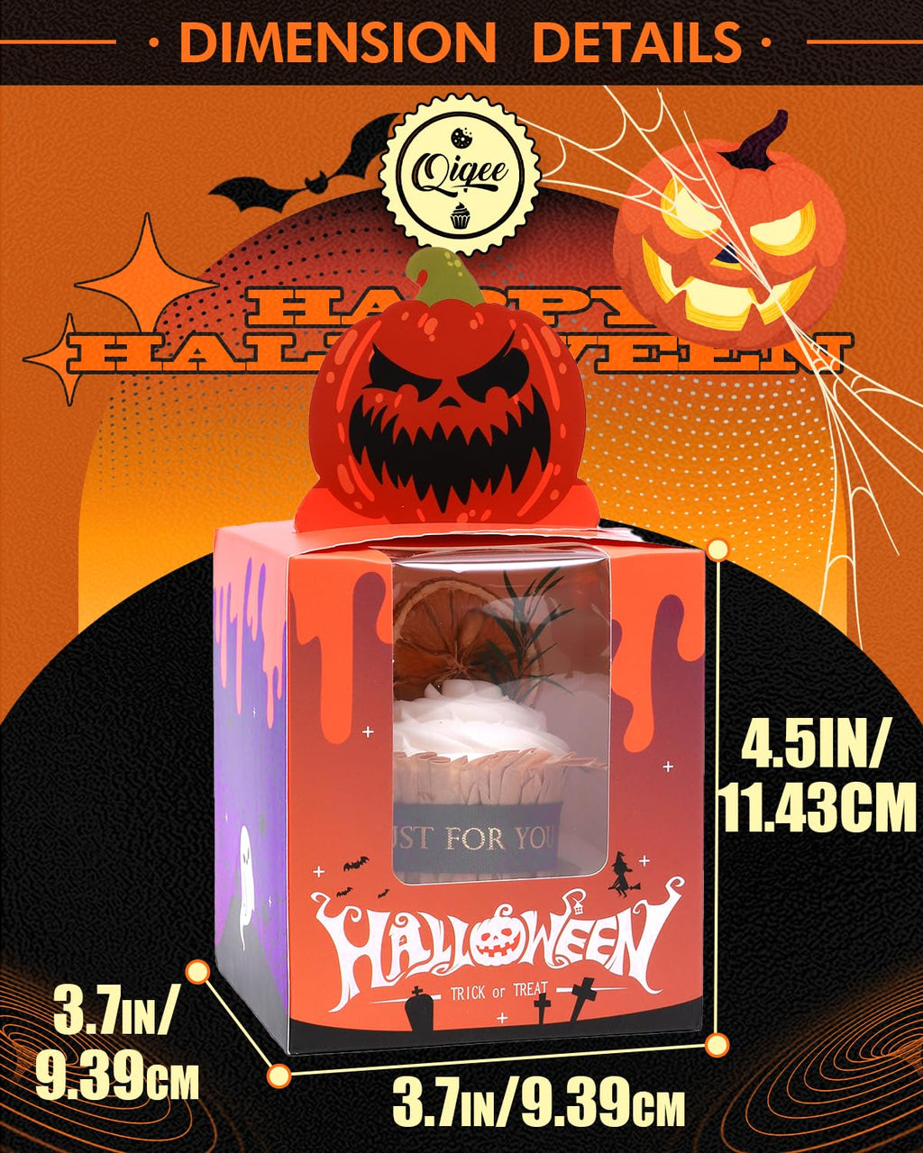 qiqee Halloween Individual Cupcake Boxes Cupcake Holders Disposable 60pcs Single Cupcake Boxes with Window 3.7" 3.7"*4.5" Cupcake Containers For Halloween