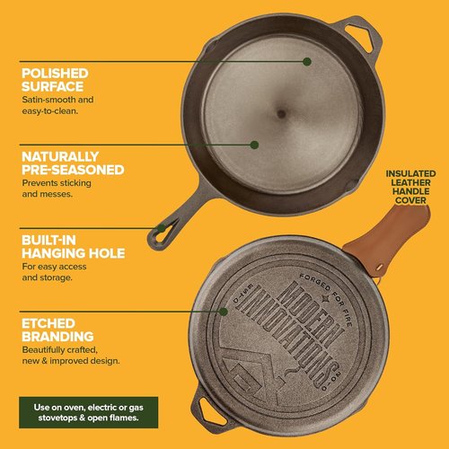 Modern Innovations 10-Inch Cast Iron Skillet - Pre-Seasoned, Heavy-Duty Non-Stick Frying Pan for Campfires & Stoves