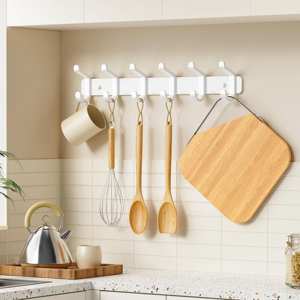 Pickpiff Coat Rack - Heavy-Duty Wall-Mounted Metal Hanger with 6 Hooks for Hats, Clothes & More | White, 2 Pack