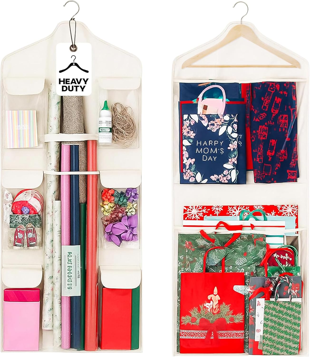 Wrapping Paper Organizer - Double-Sided Gift Wrap Holder with Wooden Hanger | Over the Door Storage for Christmas & Special Occasions