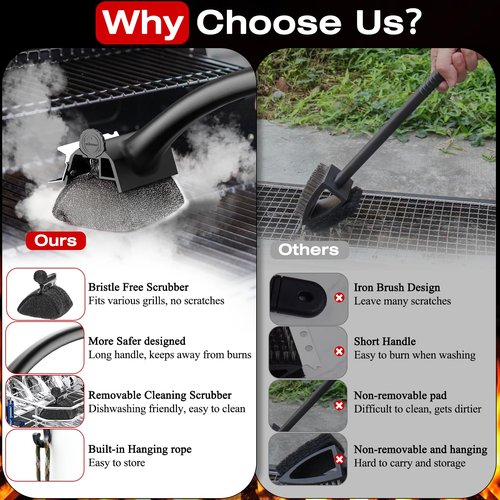 Purgreat Grill Brush for Outdoor BBQ - Replaceable Bristle Free Heading and Reinforced Scraper - Safe BBQ Brushes for Porcelain/Gas/Charcoal/Smoker/Cast Iron Grill - Cleaning Brush(Black)