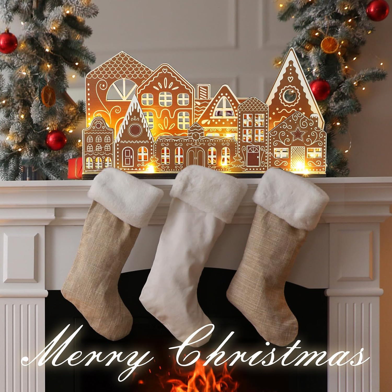 Rossesay Christmas Gingerbread House | Light-Up Wooden Tabletop Decoration | Rustic Holiday Centerpiece