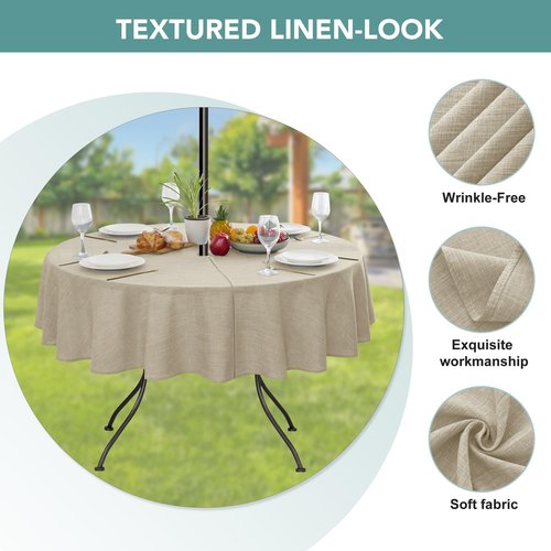 Outdoor Tablecloth with Umbrella Hole - Patio Table Cloth Zippered Round 60 Inch, Linen-Look Polyester Table Cover Water Resistant for Picnic Outside, Natural Color