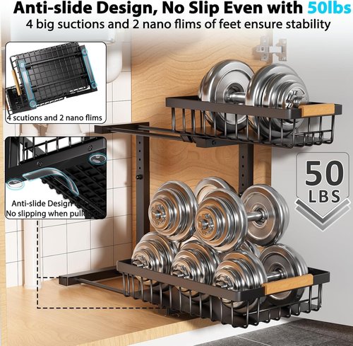 Liuoud Under Sink Organizer - 2-Tier Adjustable Pull-Out Cabinet Storage Rack | Large Capacity, Black