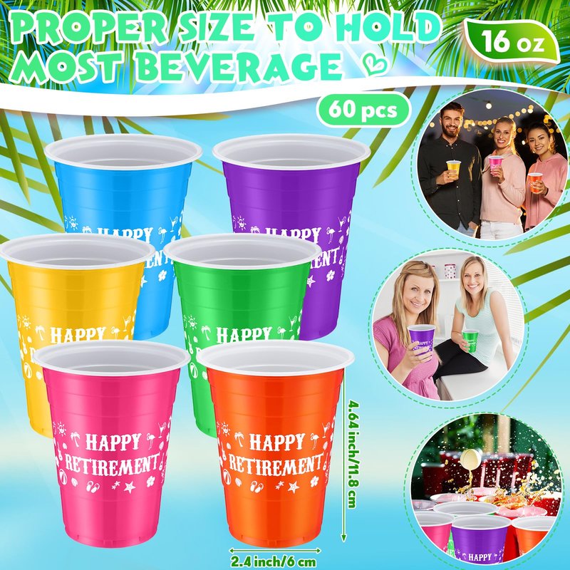 Mimorou 60 Pcs 16 oz Happy Retirement Disposable Party Plastic Cups Beverage Drinking Cups Plastic Juice Cups for Hawaiian Retirement Party Theme Decorations Drinks Soda Barbecues Picnics Supplies