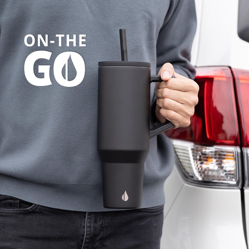 Elemental 40 oz Tumbler with Handle and Straw - Spill Proof Insulated Stainless Steel Commuter for Cold Beverages - Travel Coffee Mug with 2 Straws & Spill Proof Lid - 40oz - Black