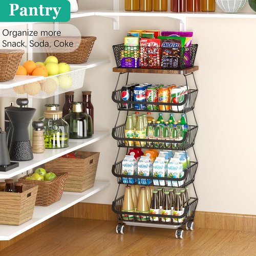 CHLORYARD Fruit Basket with Wooden Lid for Kitchen, 5-Tier Stackable Wire Fruit Vegetable Storage Basket Organizer Stand on Wheel, Produce Basket Potato Onion Storage Bins Rack Cart for Pantry