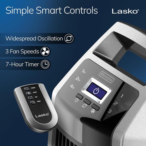 Lasko High Velocity Oscillating Tower Fan - Remote Control, Timer, 3 Speeds | 35" Silver/Black