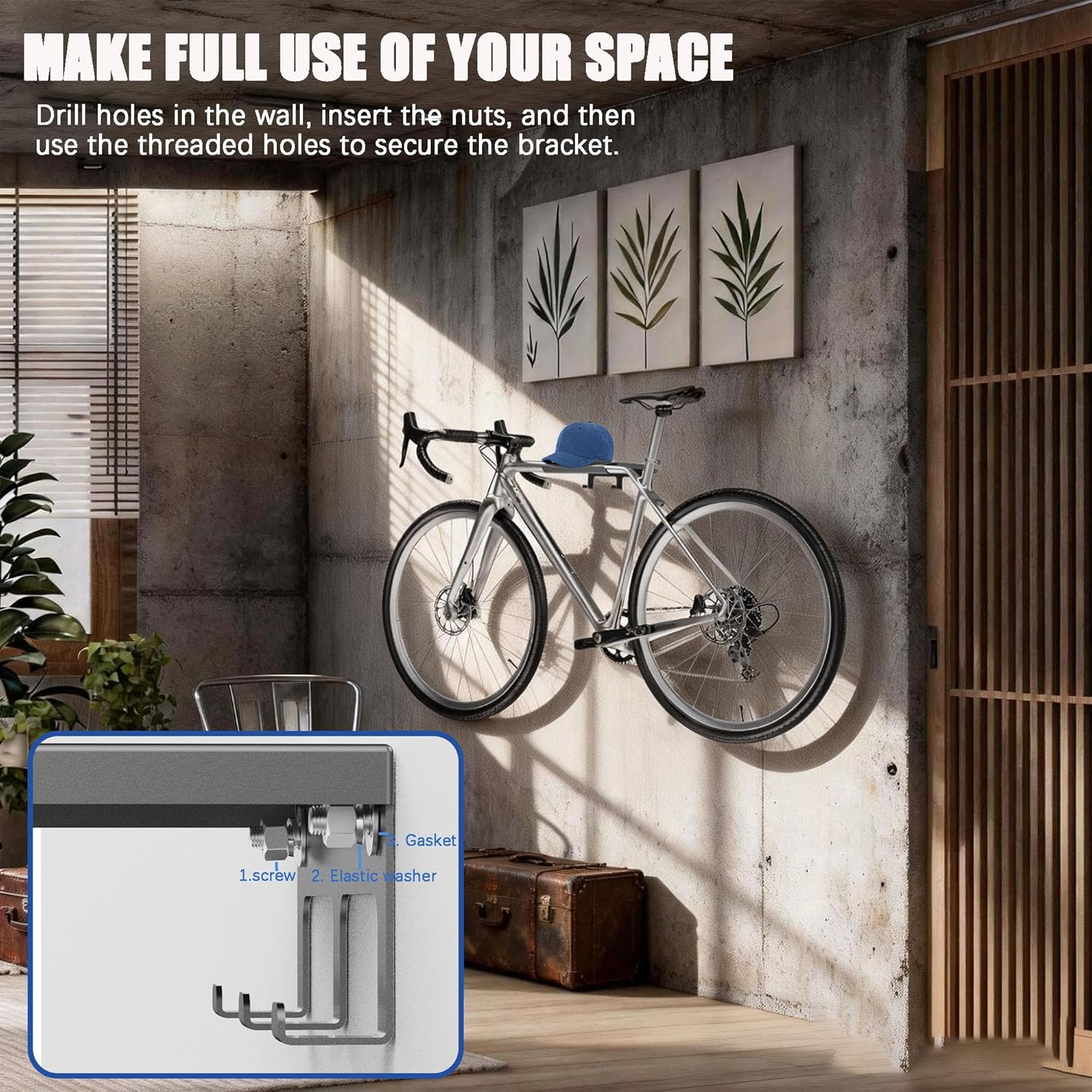 Skiennix Bike Wall Mount | Heavy-Duty Horizontal Indoor Rack for Space-Saving Garage Storage - Fits Road, Mountain & Hybrid Bikes