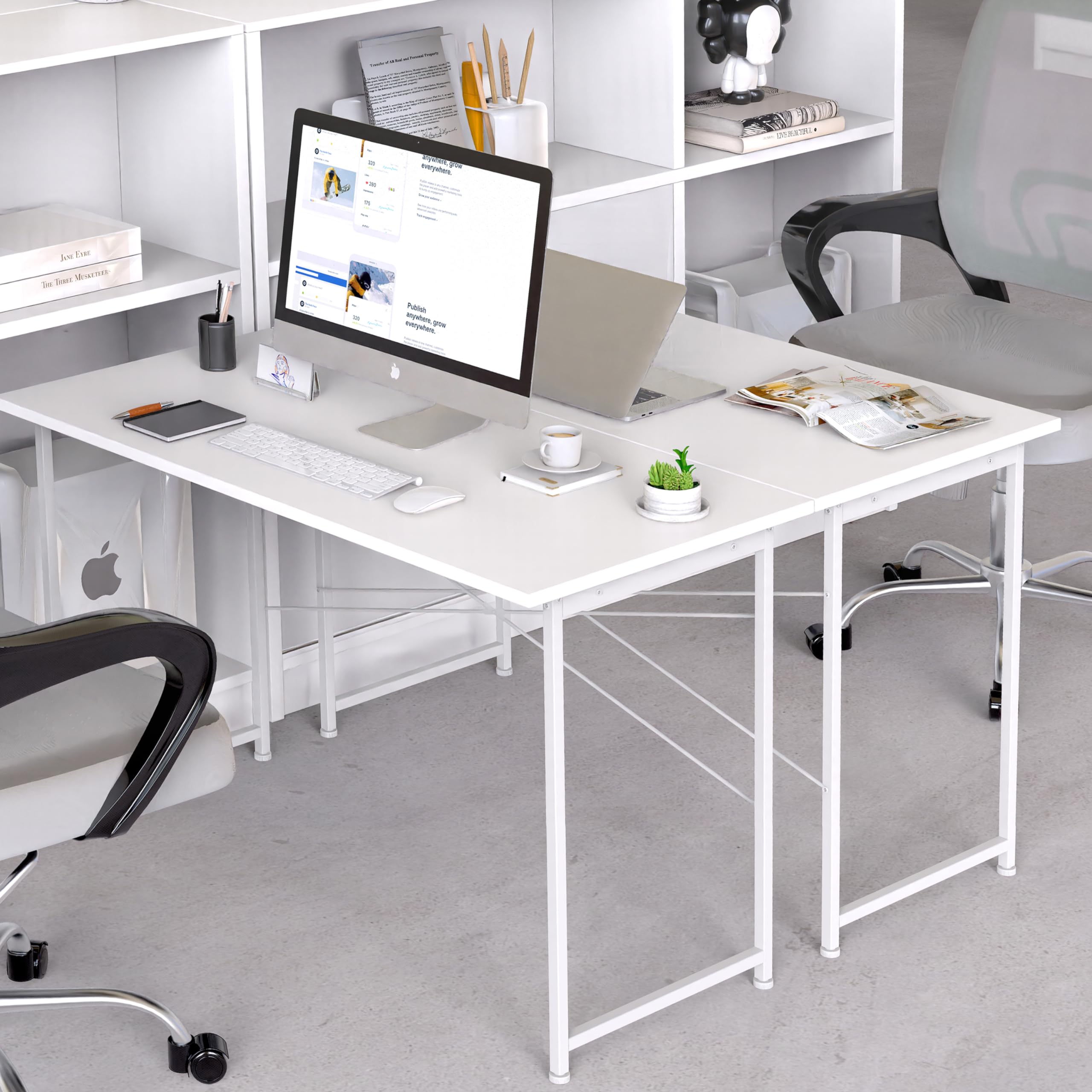 HealSmart Home Office Computer Small White Desk, Wooden Simple Design PC Desk with Headphone Hook, 47"