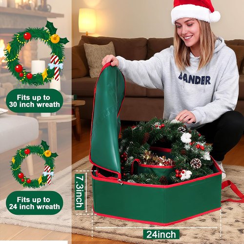 MUDEREK Christmas Wreath Storage Bag - 24" Durable Hard Shell Organizer with Pockets & Dual Zippers