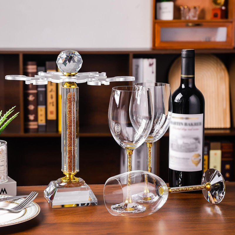 Hanjue Crystal Glass Stemware Rack, Rotates to Hold 6 Wine Glasses, Crystal Wine Glass Holder,Stemware Holder for Wet Bar Home Bar, Bar Cart(white crush diamonds)