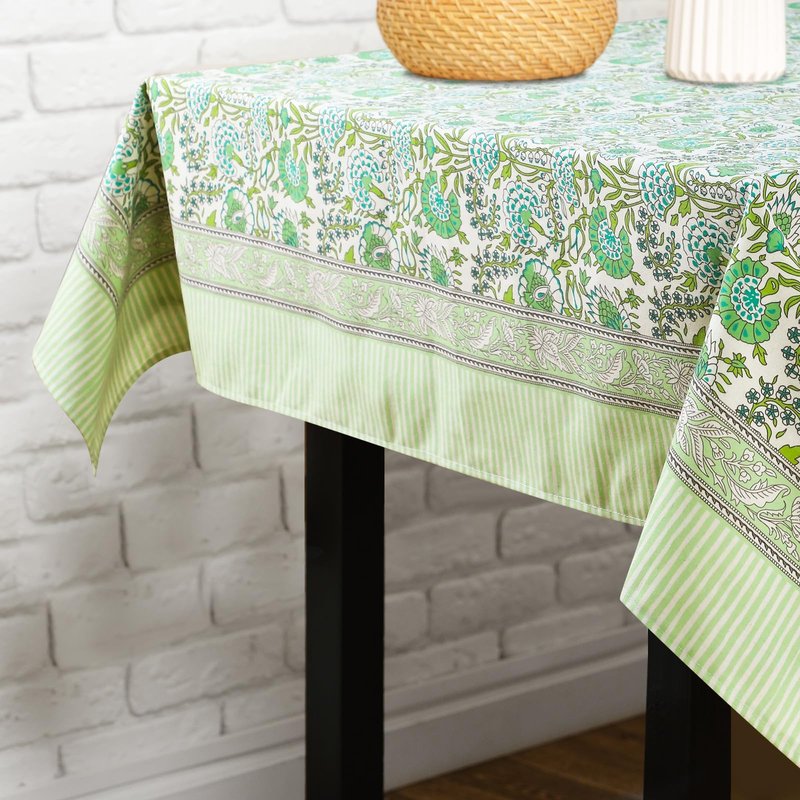 Newtay 60'' x 60'' Cotton Tablecloth Handmade Cotton Floral Tablecloth Washable Print Rectangle Table Cover with Dust Proof Wrinkle Resistant for Kitchen Dining Party Buffet(Green Pattern, Green)