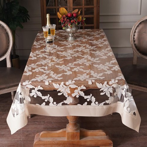 Artbloss Vinyl Table Cloth Rectangle Clear Table Cover Protector with Block Printed Pattern Oil Spill Proof Farmhouse Rustic Plastic Table Covers for Dining Tables (Scroll Grass, 55 x 120 Inches)