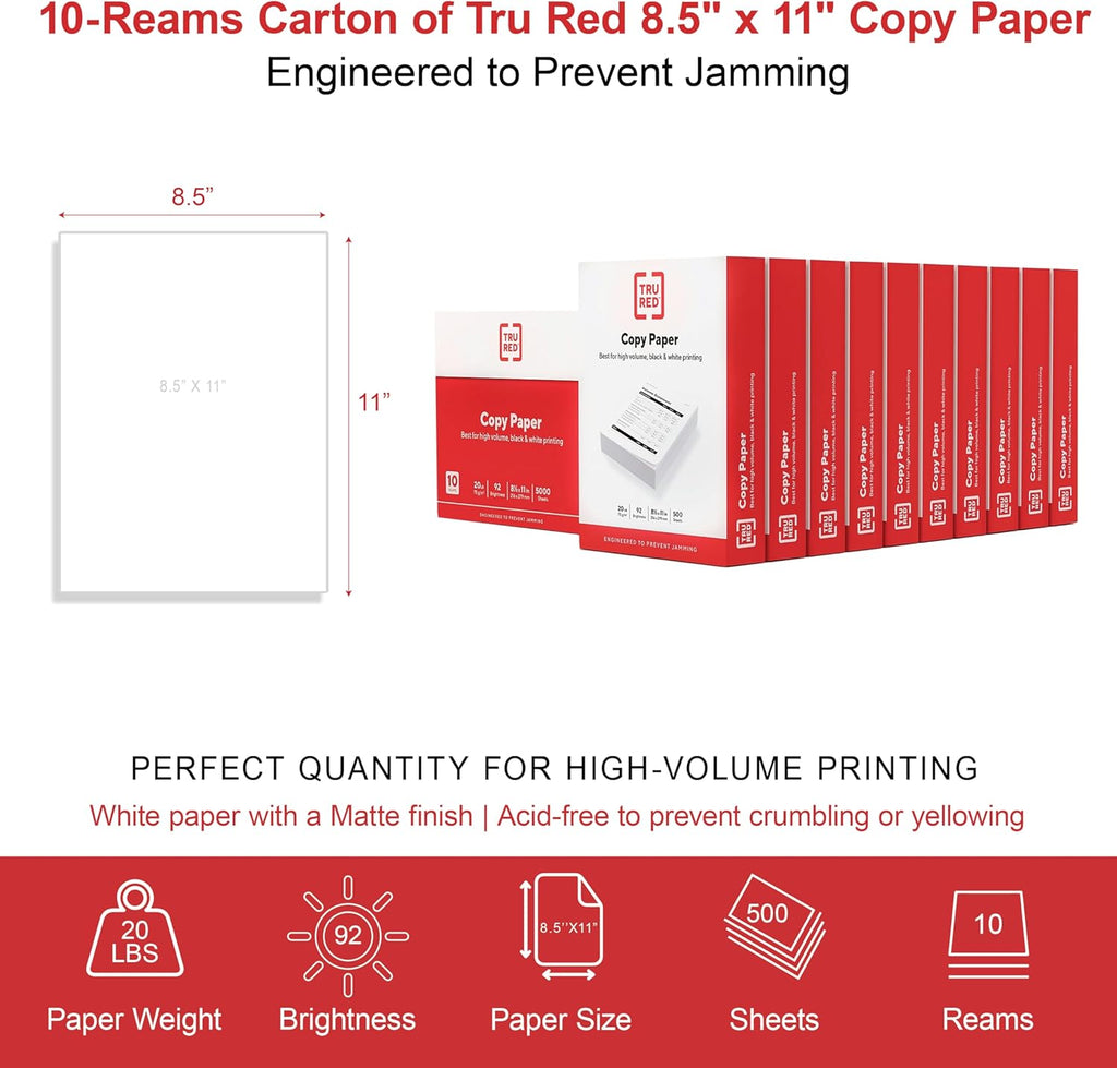 TRU RED Copy Paper - 20 lb, 92 Bright, 8.5x11 Inches - 5000 Sheets for Office, School & Home