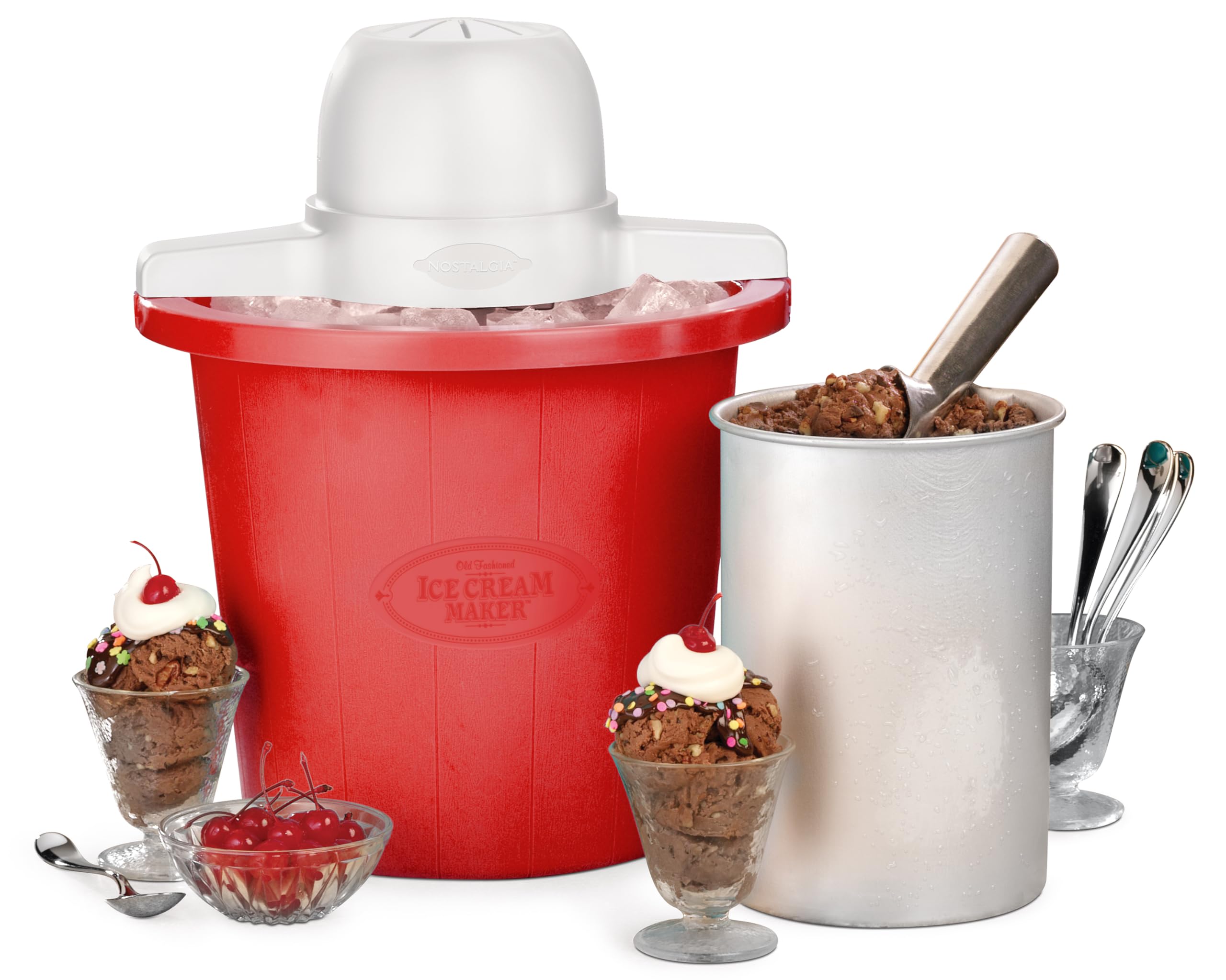 Nostalgia Electric Ice Cream Maker – Parlor Style, Old Fashioned Soft Serve Ice Cream Machine Makes Frozen Yogurt or Gelato in Minutes - Fun Kitchen Appliance – Red - 4 Quart