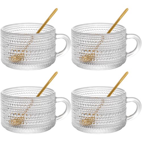 ZOOFOX Set of 4 Glass Coffee Mugs, 14 Oz Clear Glass Cups with Golden Spoons, Vintage Embossed Coffee Cups Set for Latte, Espresso, Cappuccino, Cereal, Yogurt, Tea and Hot Beverage