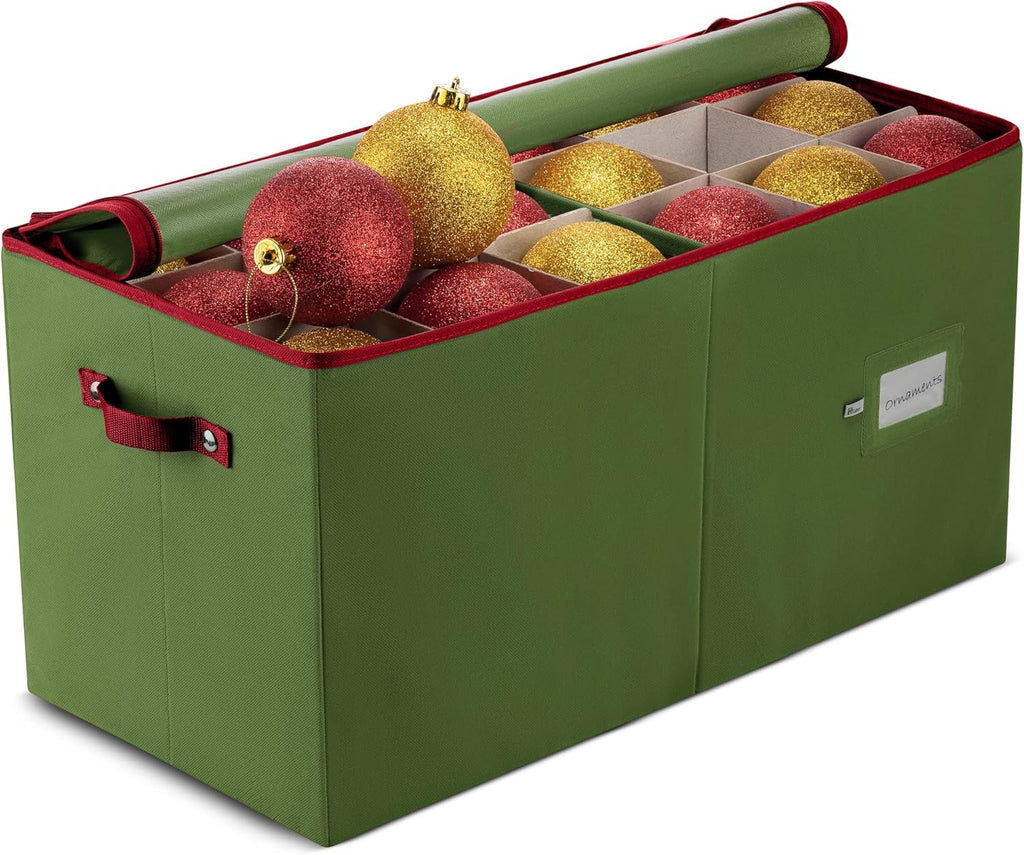 ZOBER Large Christmas Ornament Storage Box - Holds 54 4" Ornaments with Dividers - Durable Green Organizer