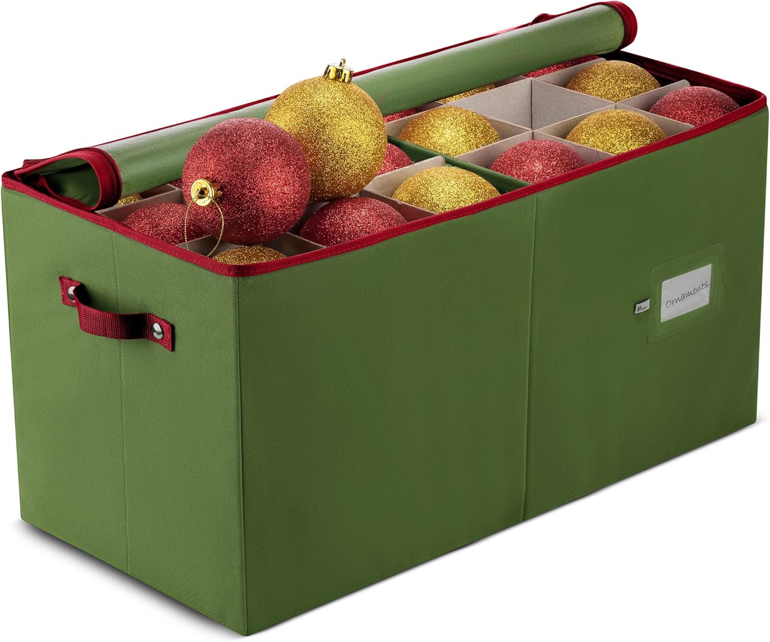 ZOBER Large Christmas Ornament Storage Box - Holds 54 4" Ornaments with Dividers - Durable Green Organizer
