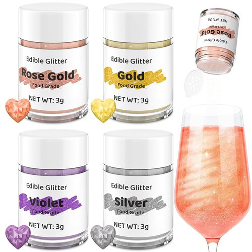 Cherrysea Edible Glitter Drink Shimmer - 4 Vibrant Colors, No Taste, Food Grade Luster Dust | 3g/Bottle