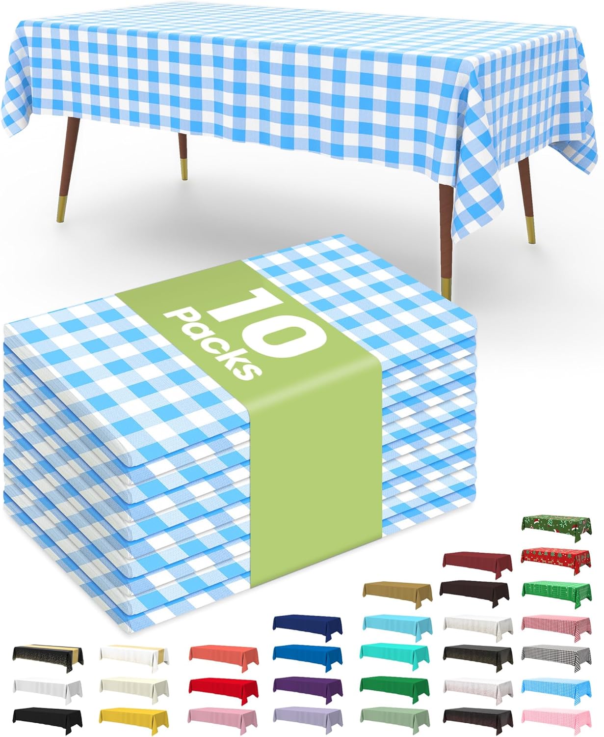 Pureegg Disposable Table Cloths - 10 Pack, 54 x 108 Inch Blue & White Gingham for Parties & Picnics