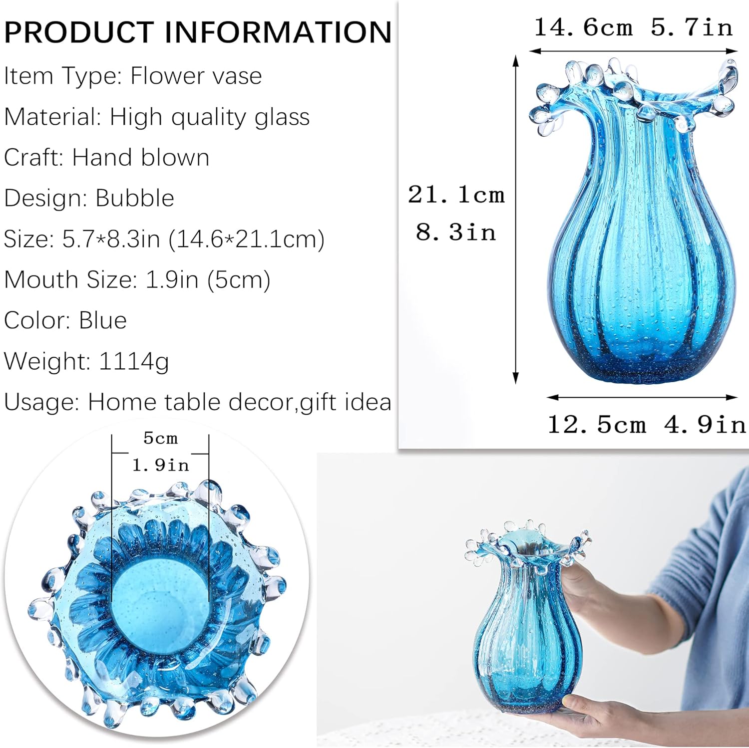 Skiennix 8-Inch Blown Glass Bubble Vase - Modern Art Flower Decor for Home, Office & Weddings - Blue