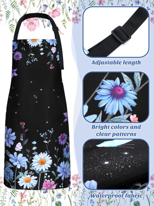 Bencailor 4 Pcs Floral Wildflower Kitchen Aprons Waterproof Cute Daisy Cooking Aprons for Women Men(Wildflower)