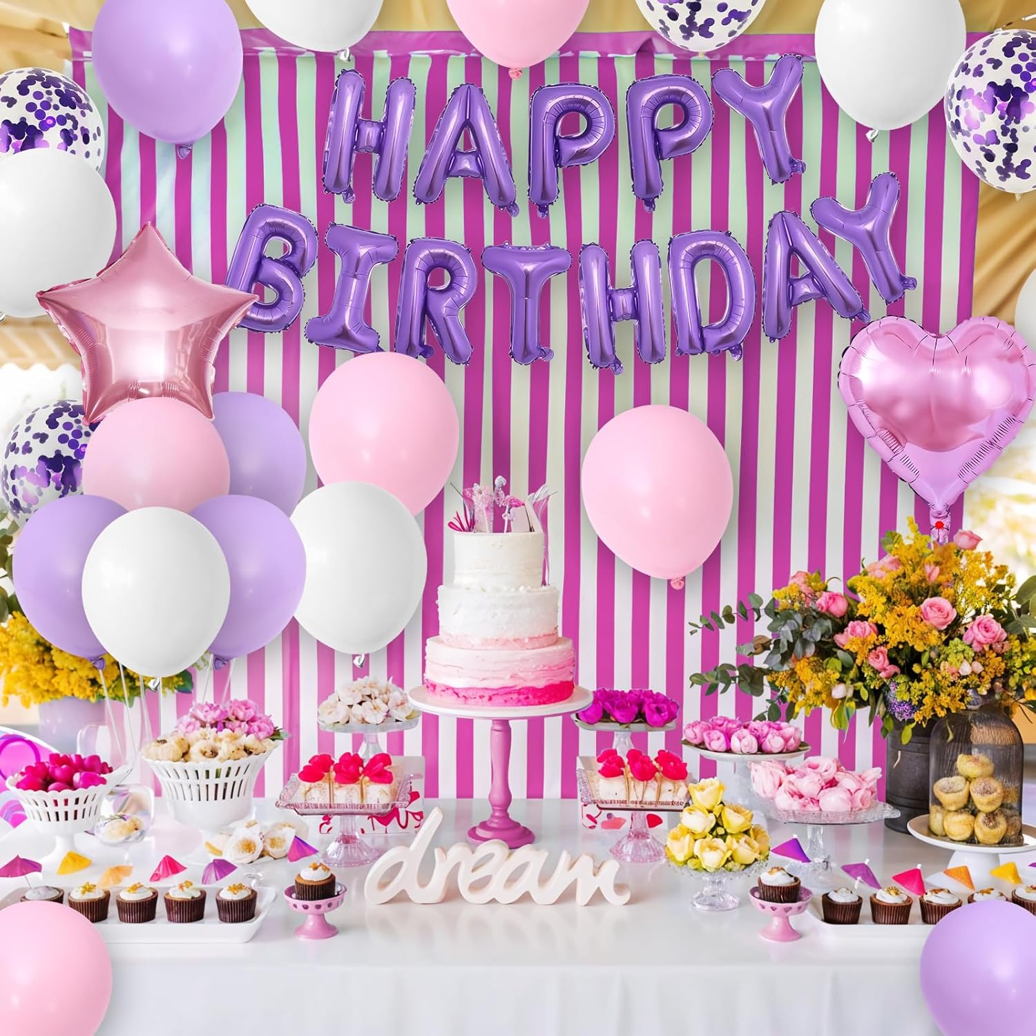 Pink Purple Birthday Decorations | Regine Switzerland Happy Birthday Balloon Banner & Confetti Balloons