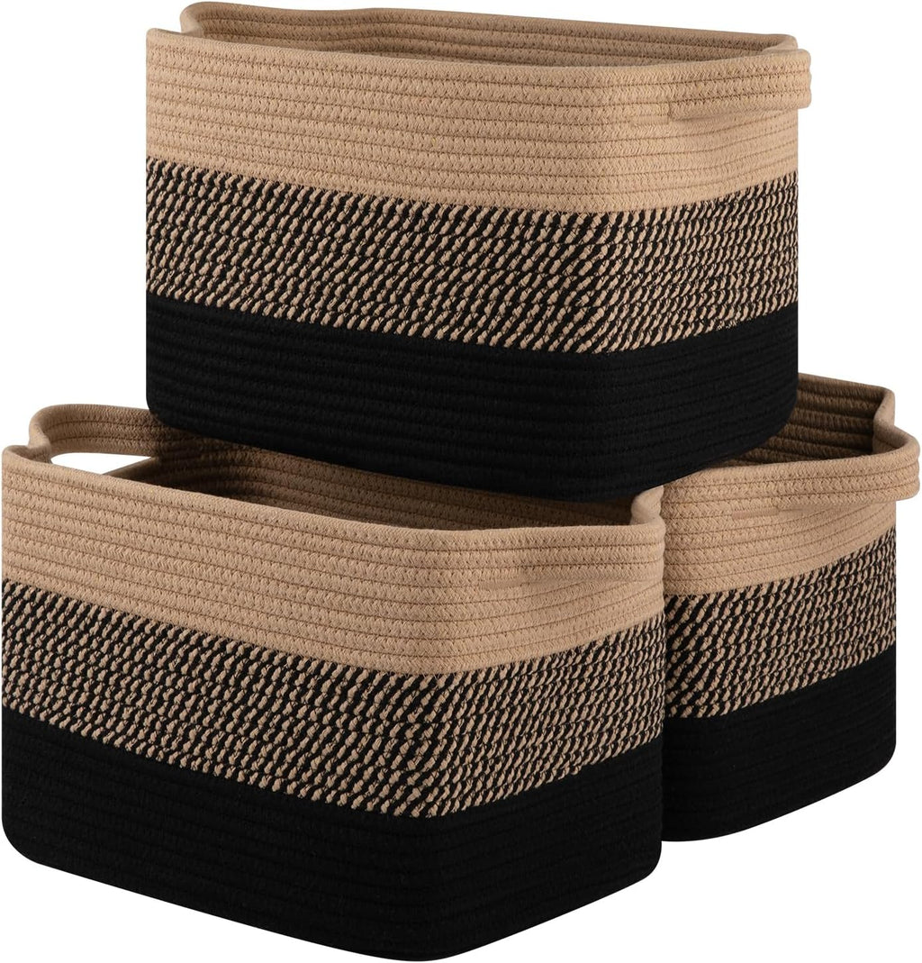 OIASKET Storage Baskets - Woven Organizing Bins for Toys & Books | Pack of 3 (Black & Brown, 13"x9.85"x8.7")