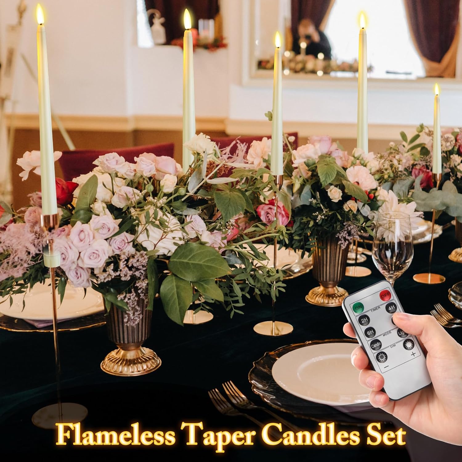 Rossesay Flameless Taper Candles - 16 Pcs Battery Operated with Remote Timer | Ivory LED Flickering for Weddings & Parties (8.5" to 12.8")