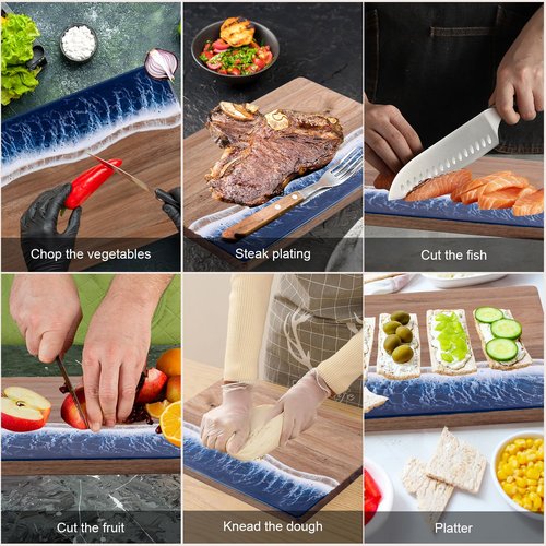 gzcmxh Resin Cutting Board, Handmade Charcuterie Board with Wave Pattern for Kitchen, Cheese, Meat, Vegetable, Steak (blue wave)