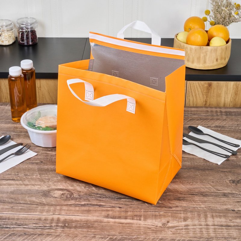 Restaurantware Insulated Delivery Bags 25 Count 11.811 x 7.874 x 12.598 Inches Nonwoven Take Out Bags For Food With Sturdy Handles, Orange Insulated Grocery Bags Tamper-Evident Foldable