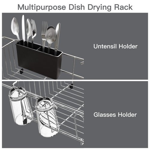 Over the Sink Expandable Dish Drainer Drying Rack In Stainless Steel for Small Kitchen, Counter Space Saving Modern Compact Metal Above Plate Dryer Strainer, Adjustable Hanging Inside Drain Holder
