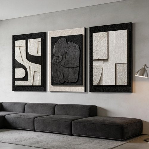 Azartslr 3D Abstract Textured Wall Art - Modern Black & White Sandstone Decor for Living Room | 3-Piece Minimalist Artwork Set