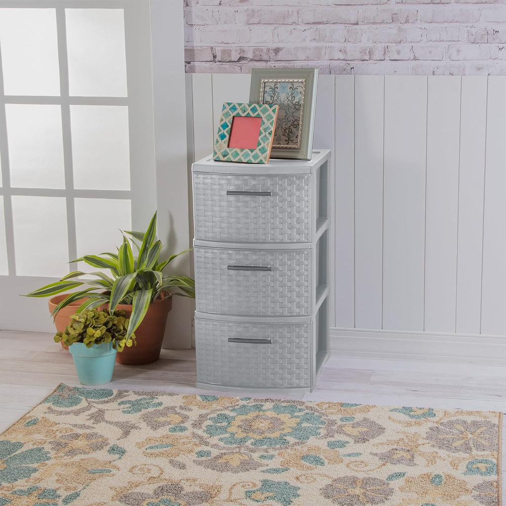 Sterilite 3 Drawer Storage Tower | Lightweight Plastic Weave Organizer - Cement Color for Bedrooms & Closets