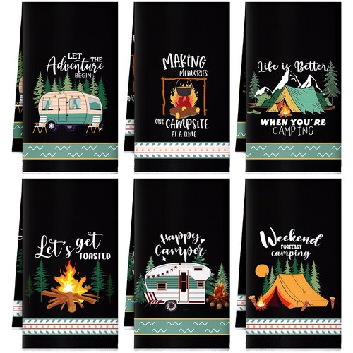 Boyiee 6 Pcs Camping Kitchen Towels Black Absorbent Dish Towels Bonfire Tent Car Tea Towels 24 x 16 Inches with Funny Sayings Novelty Gifts for Campers Happy Camper Camping Accessories for RV Campers