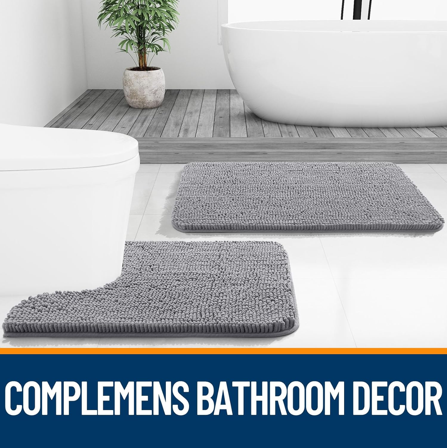 OLANLY Chenille Bath Rug & Shower Curtain Set - Soft Grey Rug 30x20 in & Elegant Black/Grey Curtain 72x72 in