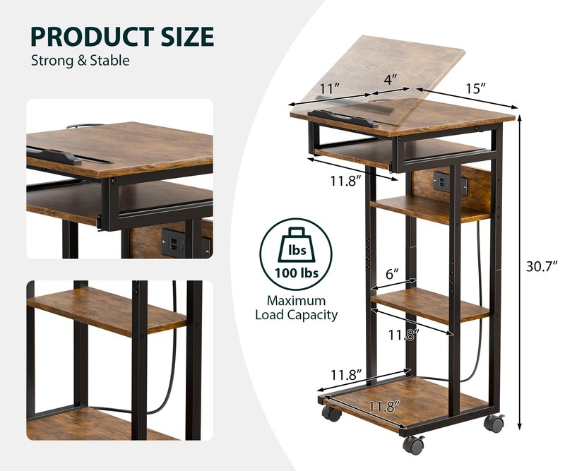 ZIFTY Couch Table with Charging Station and Storage Shelves 360°Swivel End Table with Shelves and Wheels C Shaped End Table for Laptops Tv Tray Side Table for Living Room Bedroom Rustic