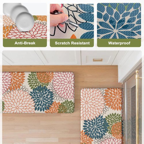 Collive Kitchen Rugs and Mats Cushioned Anti Fatigue Kitchen Mat 2PCS Non-Skid Waterproof Kitchen Runner Rug Comfort Foam Standing Mat for Floors,Office,Laundry,Sink,Floral