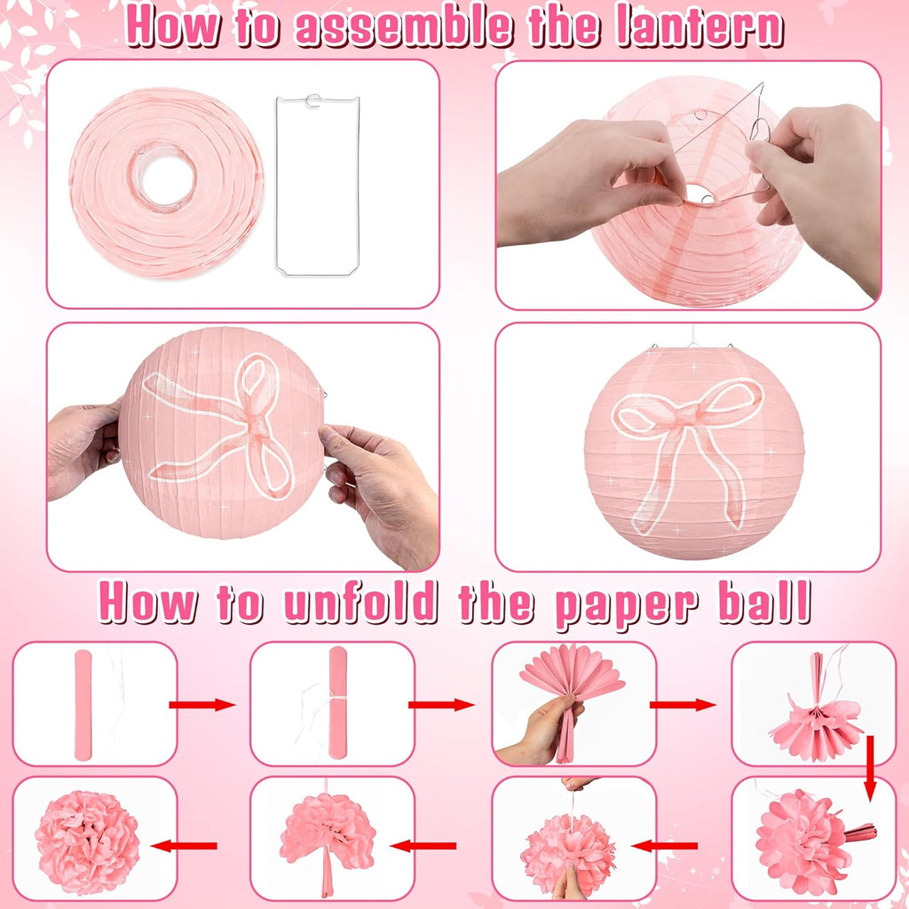 Skiennix 15Pcs Pink Bow Paper Lanterns - Birthday Party Decorations for Girls & Baby Showers