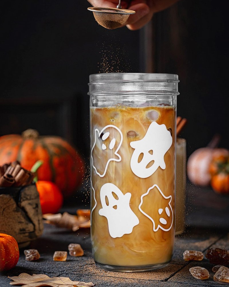 Anotion Ghost Decor 24oz Mason Jar Glass Cups with Lids and Straws - Halloween Tumblers and Coffee Cups - Indoor Decorations