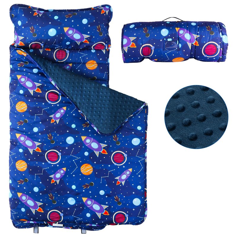 Toddler Nap Mat with Removable Pillow and Blanket, Sleeping Bag for Kids, Lightweight and Soft Slumber Bags for Preschool, Sleeping Mats for Daycare Sweat Absorbing and Breathable (Navy Blue Rocket)
