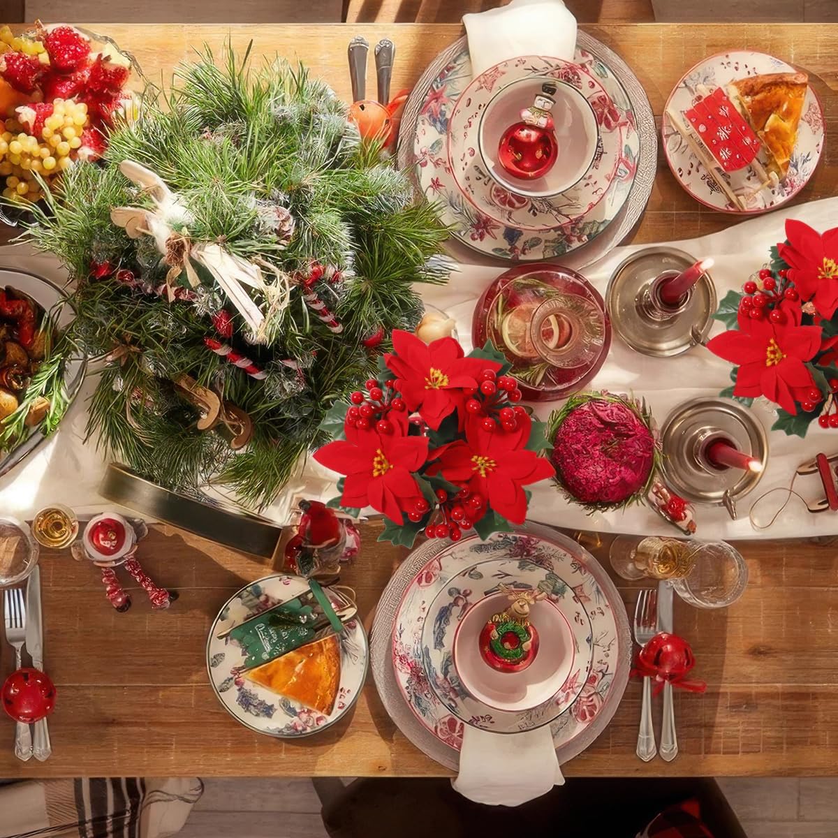 Regine Switzerland Christmas Candle Rings - Artificial Poinsettia & Red Berry Decor | Mini Table Centerpieces