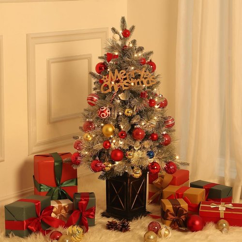 3ft Small Christmas Tree Pre-Lit Artificial Christmas Tree with 78 Led Lights, Snow Flocked Xmas Tree with X Brown Base, Timer Function, Battery Operated, for Home Christmas Decor